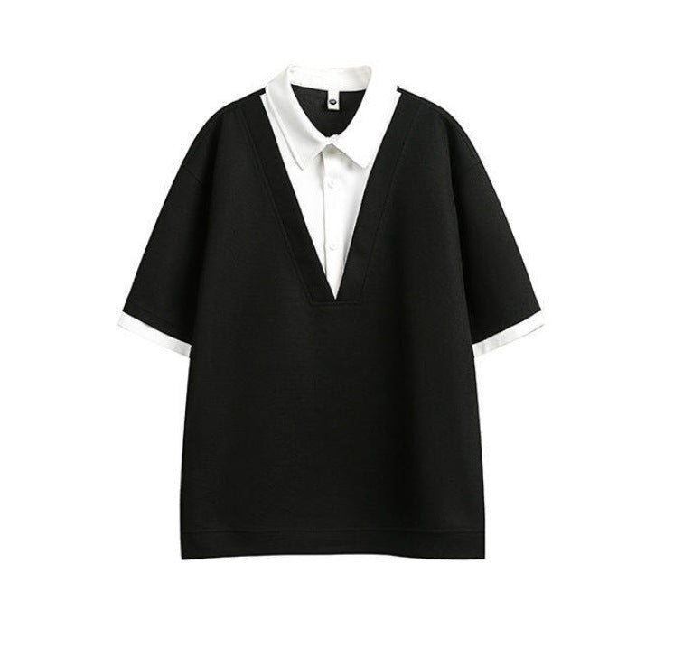 Men's False Two Pieces Shirt Collar Color Matching Short Sleeve T-shirt