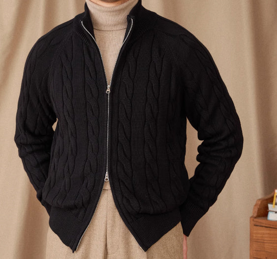 Pure Cotton Knitted British Thickened Heavy Weight Twisted Double Zipper Cardigan