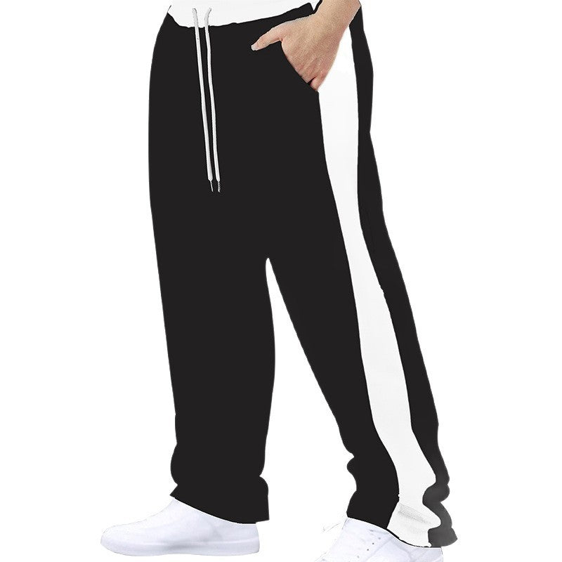 Stitching Contrast Color Loose Straight Drawstring Leisure Pants Men