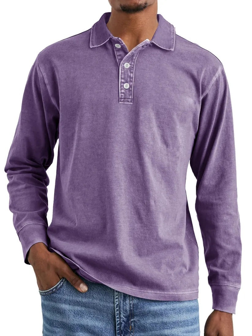 Retro Washed Distressed Cotton Lapel Long Sleeve Polo Shirt