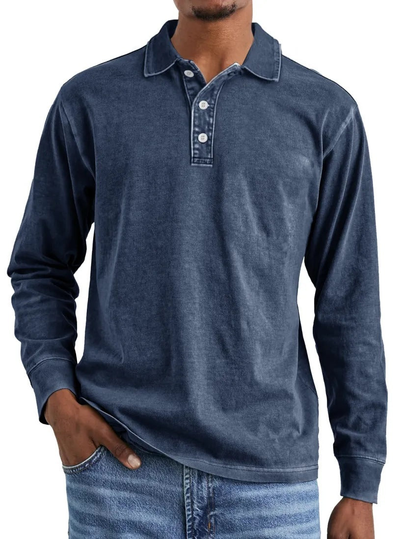 Retro Washed Distressed Cotton Lapel Long Sleeve Polo Shirt