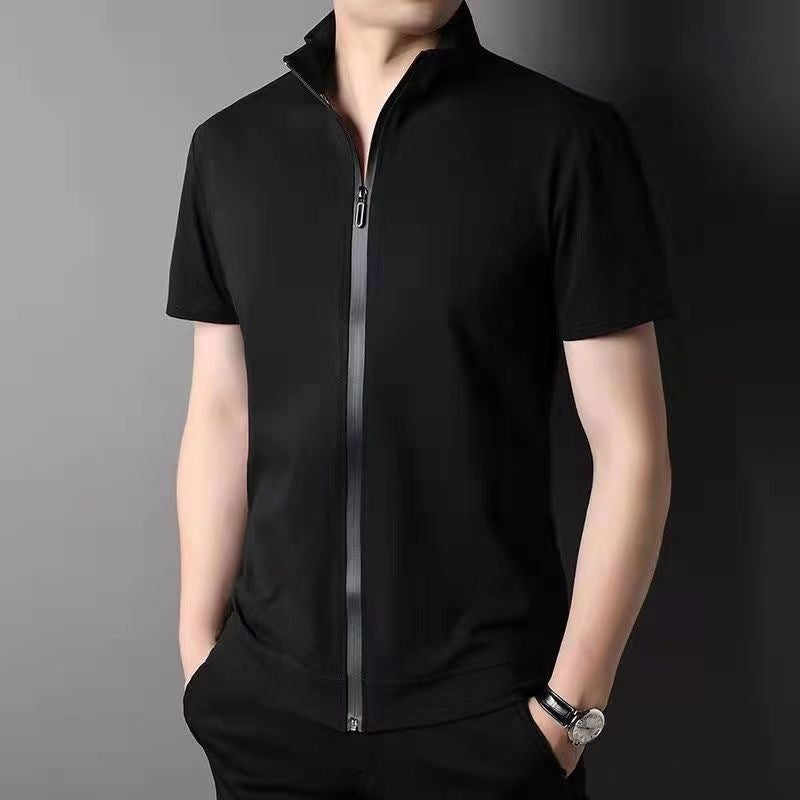 Men's Cardigan Zipped Stand Collar Short Sleeve