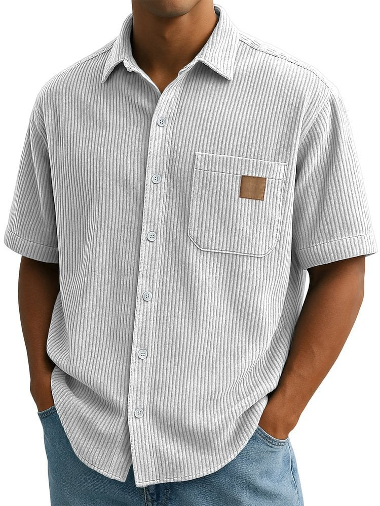 Versatile Leisure Corduroy Leather Sticker Pocket Short Sleeve Shirt