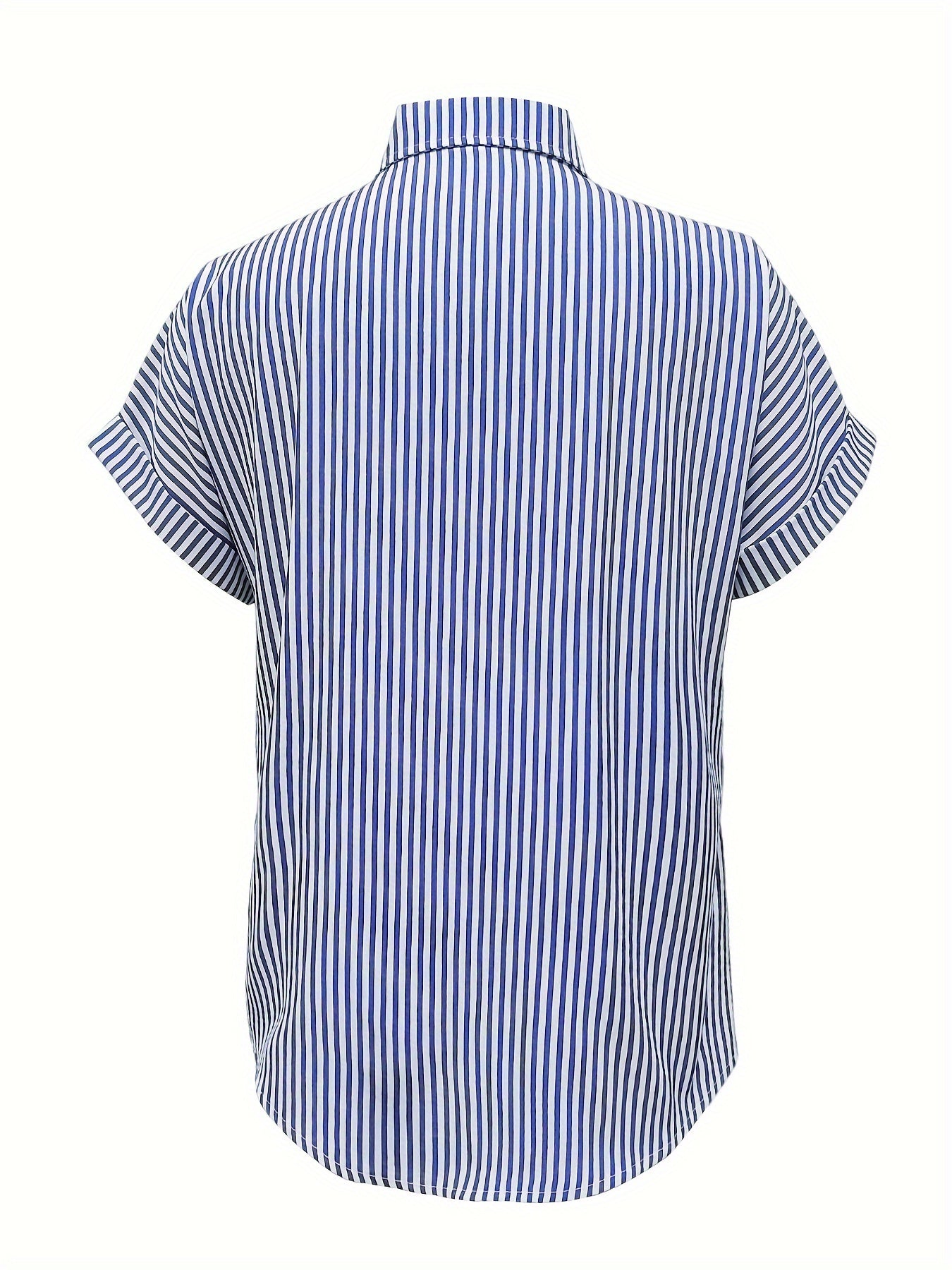 Elegant Plus Size Striped Blouse With Pocket - Casual Short Sleeve, Button-Up Collared Shirt For Women