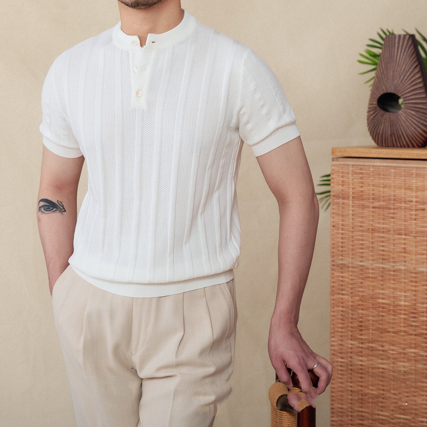 Cotton Sunken Stripe Henry Collar Casual Men's Knitted Short-sleeved T-shirt