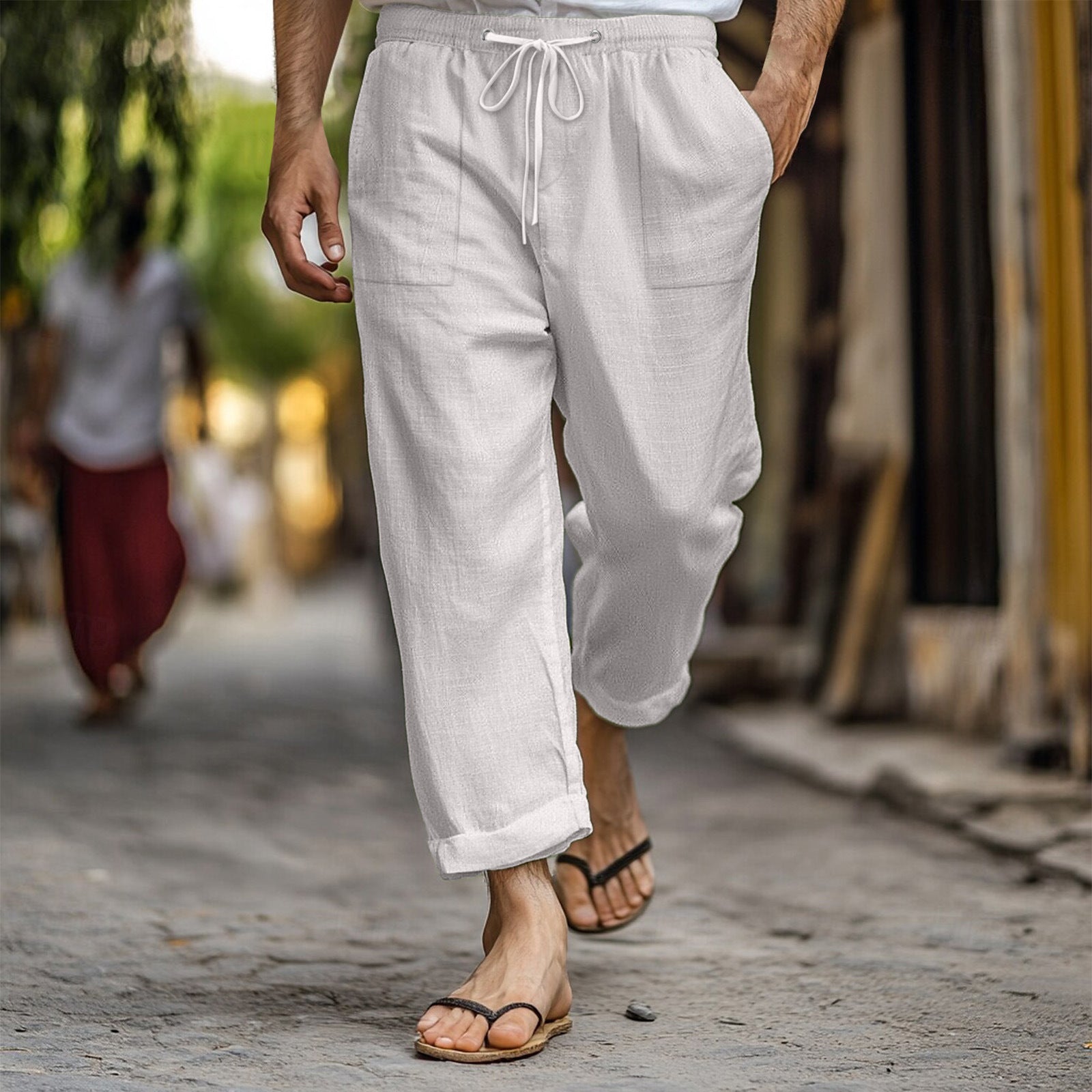 Men's Casual Summer Elastic Waist Drawstring Multi-pocket Cotton And Linen Trousers