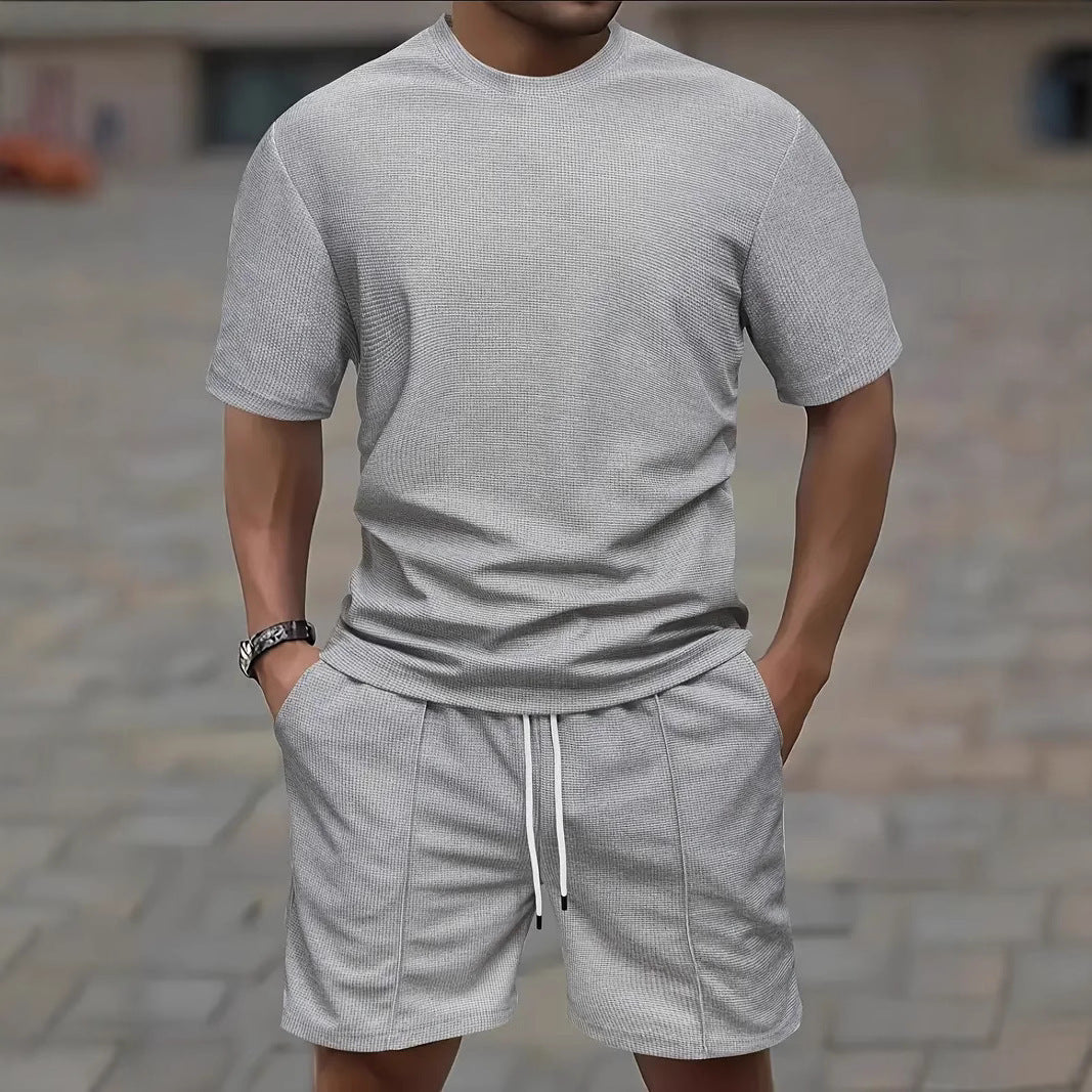 Waffle Texture Short Sleeve Blouse And Pants Men's Summer