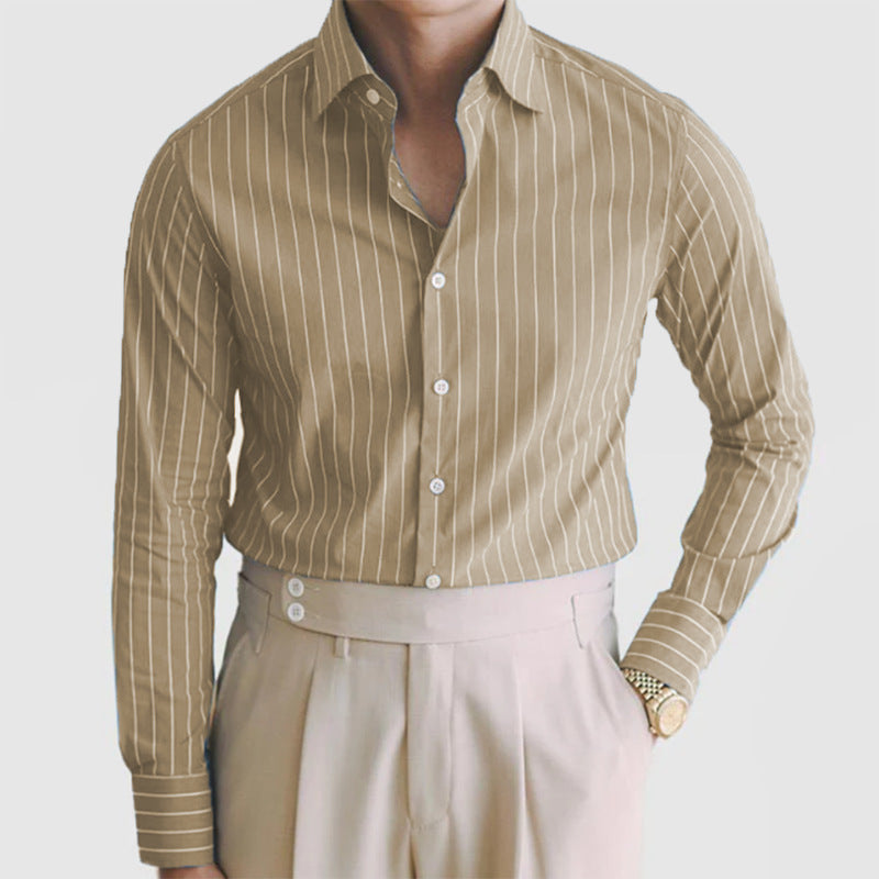 Fall Winter Men Striped Lapel Cardigan Striped Long Sleeve Shirt