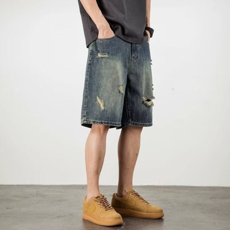 Retro Loose Hole Denim Men's Shorts