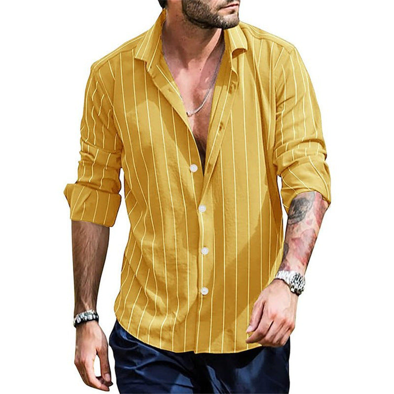 Fall Winter Men Striped Lapel Cardigan Striped Long Sleeve Shirt