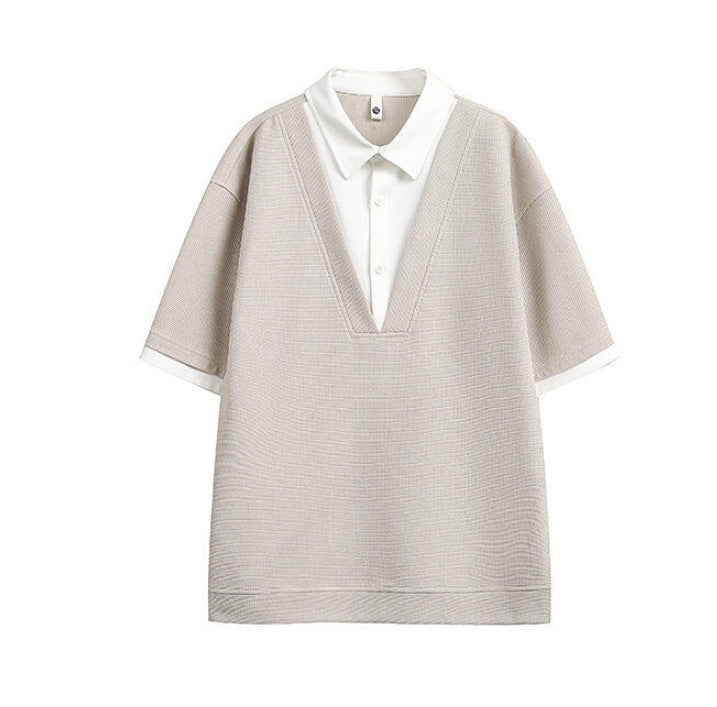 Men's False Two Pieces Shirt Collar Color Matching Short Sleeve T-shirt