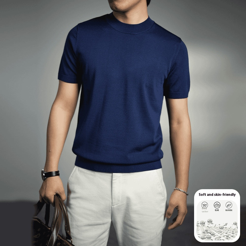Men's Knitted T-shirt Versatile Solid Color Round Neck Short Sleeves
