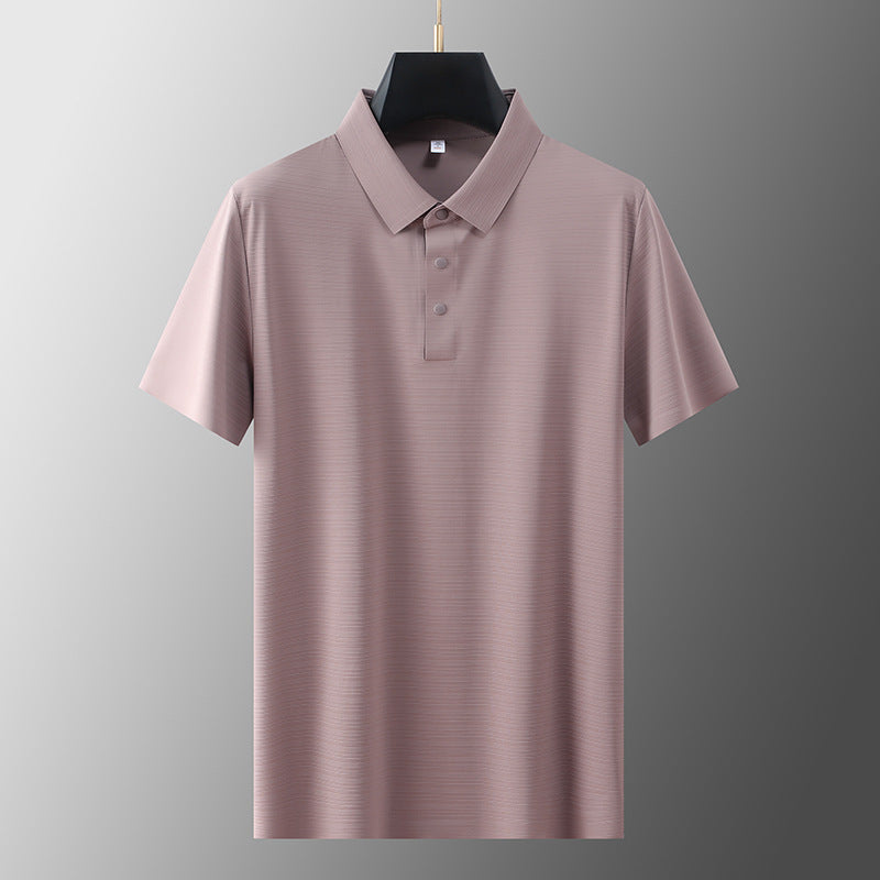 Men's Business Casual Horizontal Pattern High-grade Light Luxury Lapel T-shirt Men's Summer Ice Silk