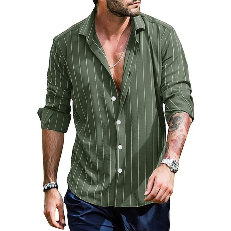 Fall Winter Men Striped Lapel Cardigan Striped Long Sleeve Shirt