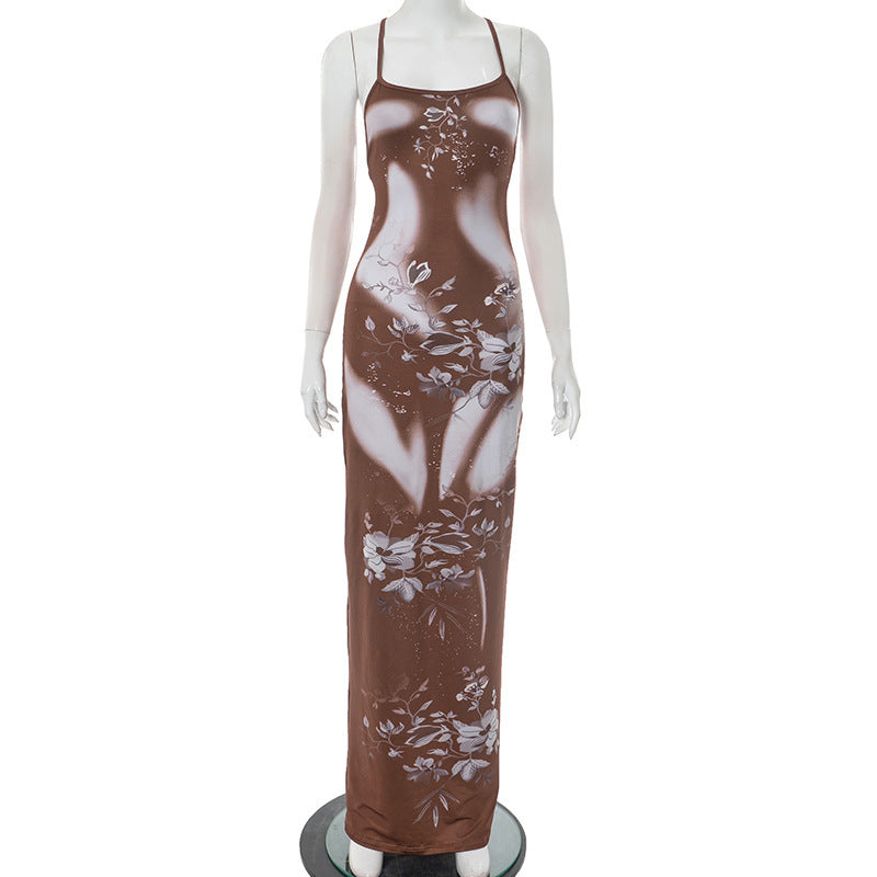 New Women's Sexy Floral Print Sling Backless Cross Tied Dress