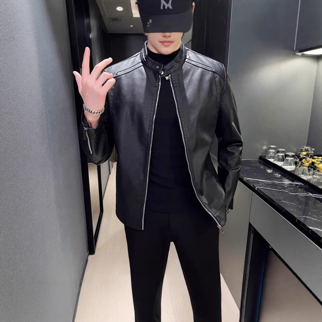 Spring And Autumn Men's Slim Leather Clothing With Stand Collar Jacket