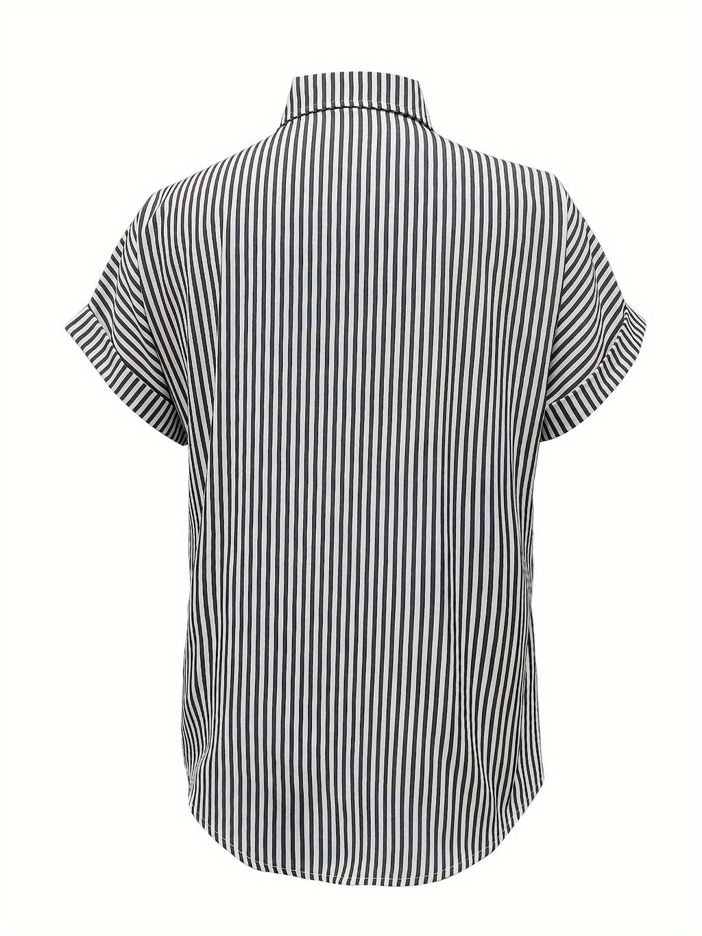 Elegant Plus Size Striped Blouse With Pocket - Casual Short Sleeve, Button-Up Collared Shirt For Women
