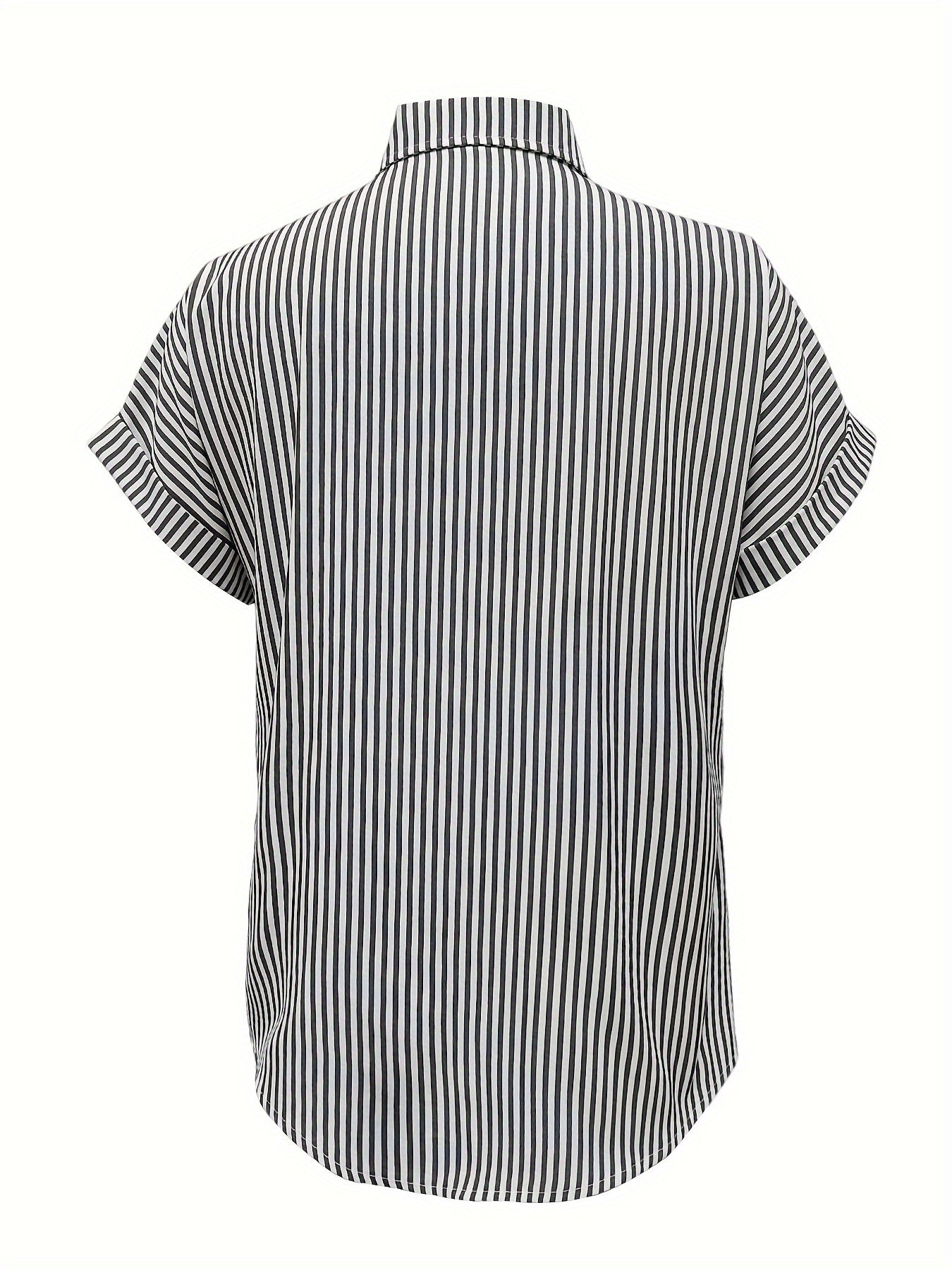 Elegant Plus Size Striped Blouse With Pocket - Casual Short Sleeve, Button-Up Collared Shirt For Women