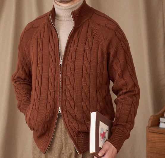 Pure Cotton Knitted British Thickened Heavy Weight Twisted Double Zipper Cardigan