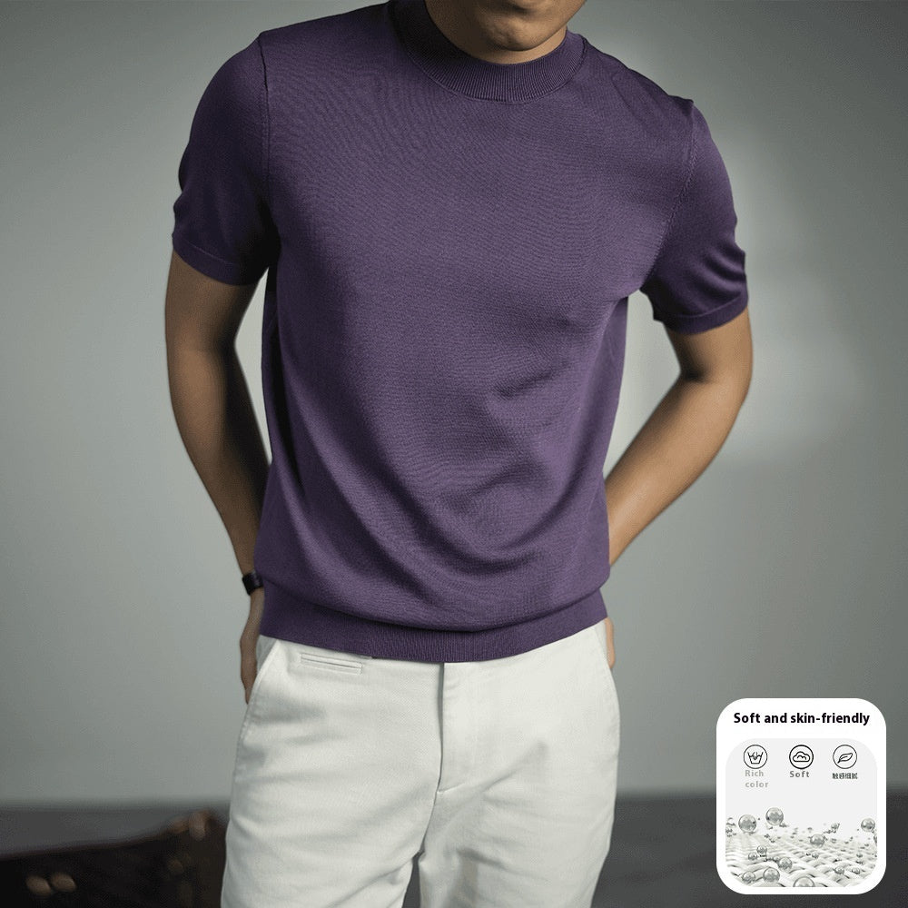 Men's Knitted T-shirt Versatile Solid Color Round Neck Short Sleeves
