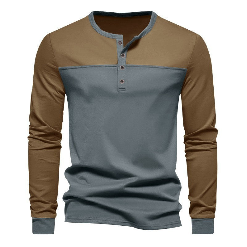 Retro Trendy Long-sleeve Color Matching Henry Collar Bottoming Shirt Casual T-shirt