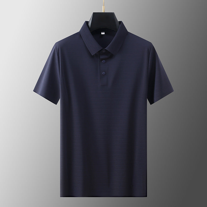 Men's Business Casual Horizontal Pattern High-grade Light Luxury Lapel T-shirt Men's Summer Ice Silk