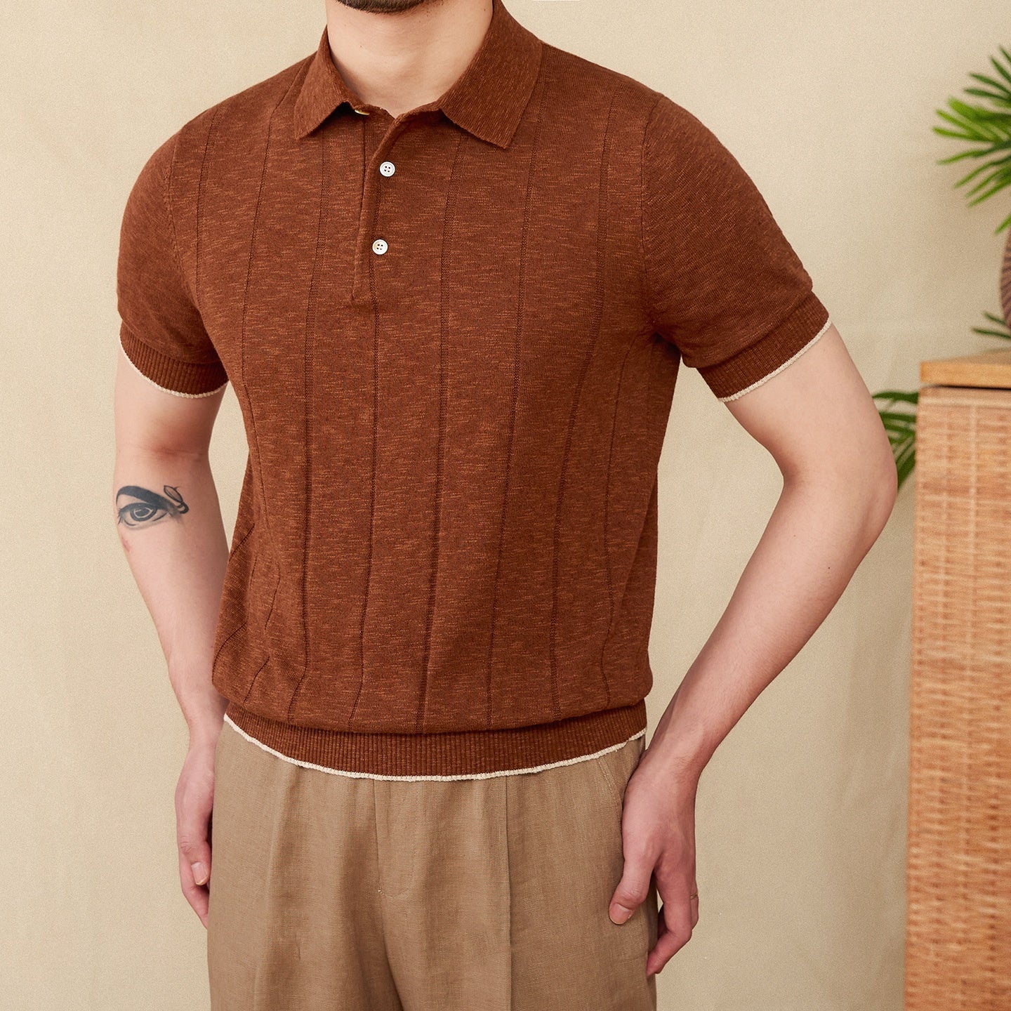 Linen Cotton Blended Men's Lapel Knitted Polo Shirt