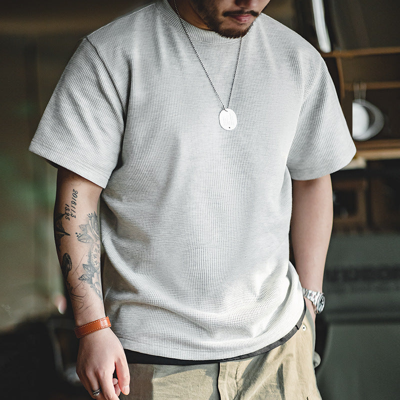 Waffle Round Neck Knitted Short Sleeve T-shirt Half Sleeve Bottoming Shirt