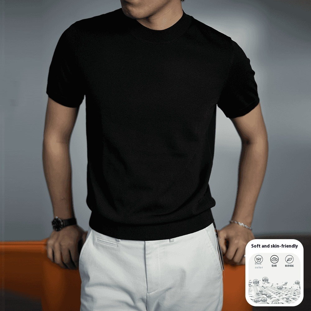 Men's Knitted T-shirt Versatile Solid Color Round Neck Short Sleeves