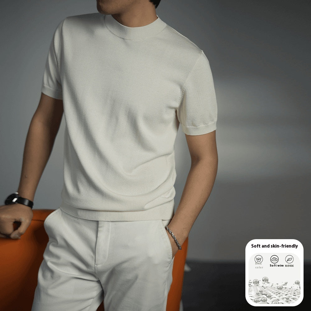 Men's Knitted T-shirt Versatile Solid Color Round Neck Short Sleeves