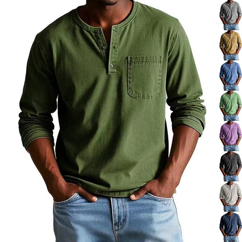 V-neck Long-sleeved T-shirt With Button Design Fashion Casual Solid Color Pullover Top Men's Clothing