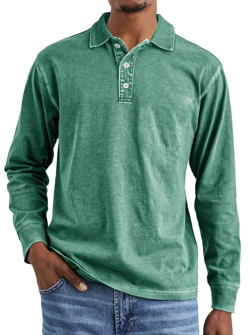Retro Washed Distressed Cotton Lapel Long Sleeve Polo Shirt