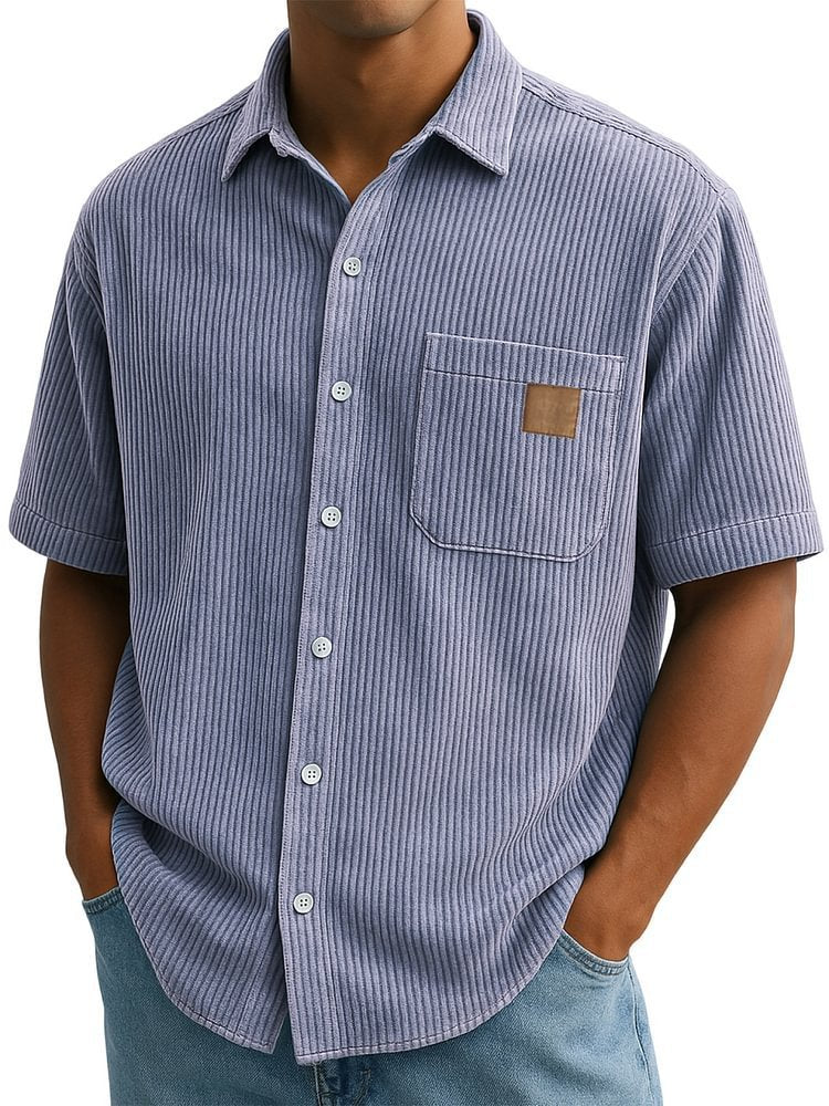 Versatile Leisure Corduroy Leather Sticker Pocket Short Sleeve Shirt