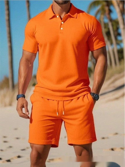 Men's Casual Beach Mesh Lapel Set Summer Comfortable Breathable Loose Solid-Color Sports Short-Sleeved Shirt And Shorts Set