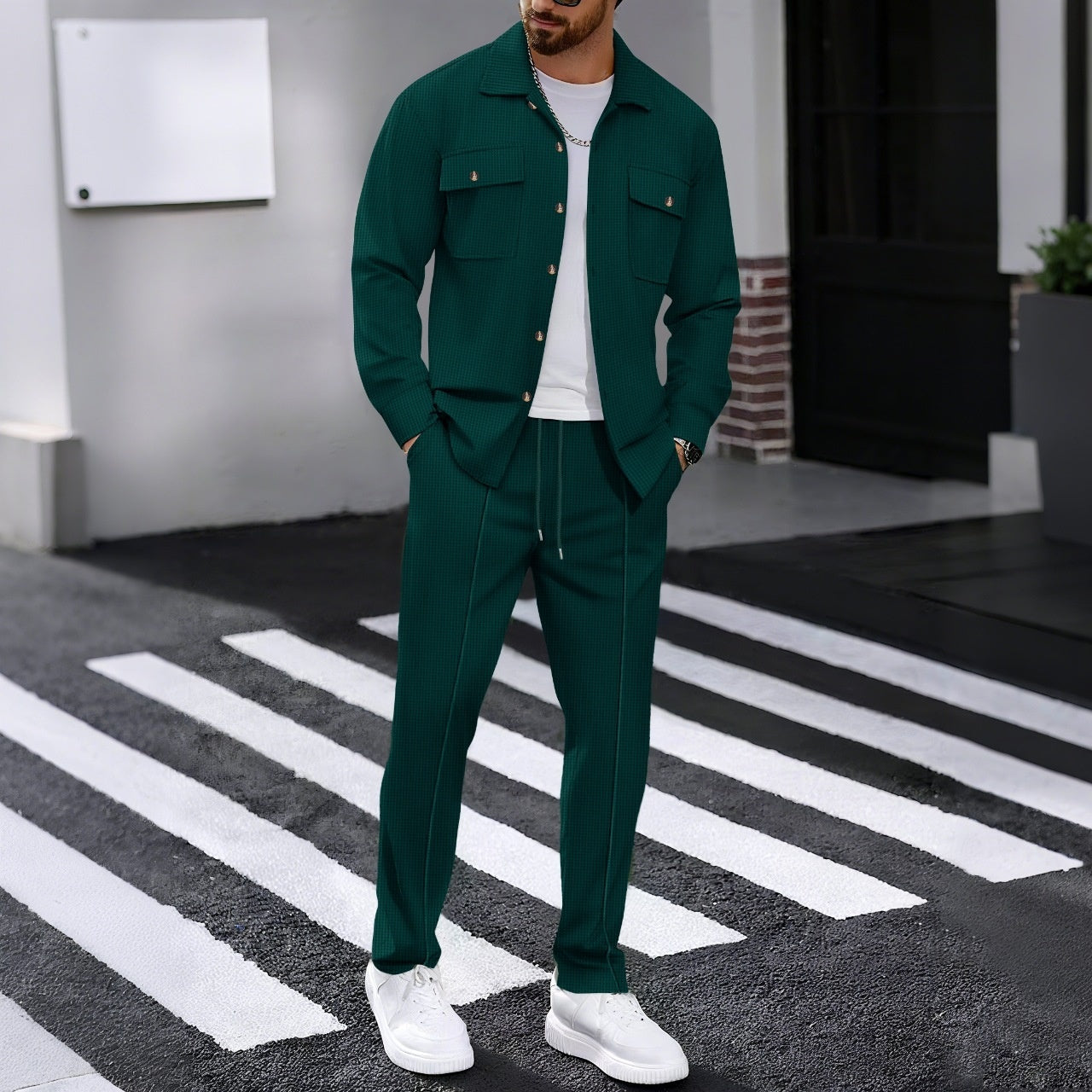 Autumn New Waffle Long-sleeved Trousers Two-piece Set Cardigan Shirt Suit