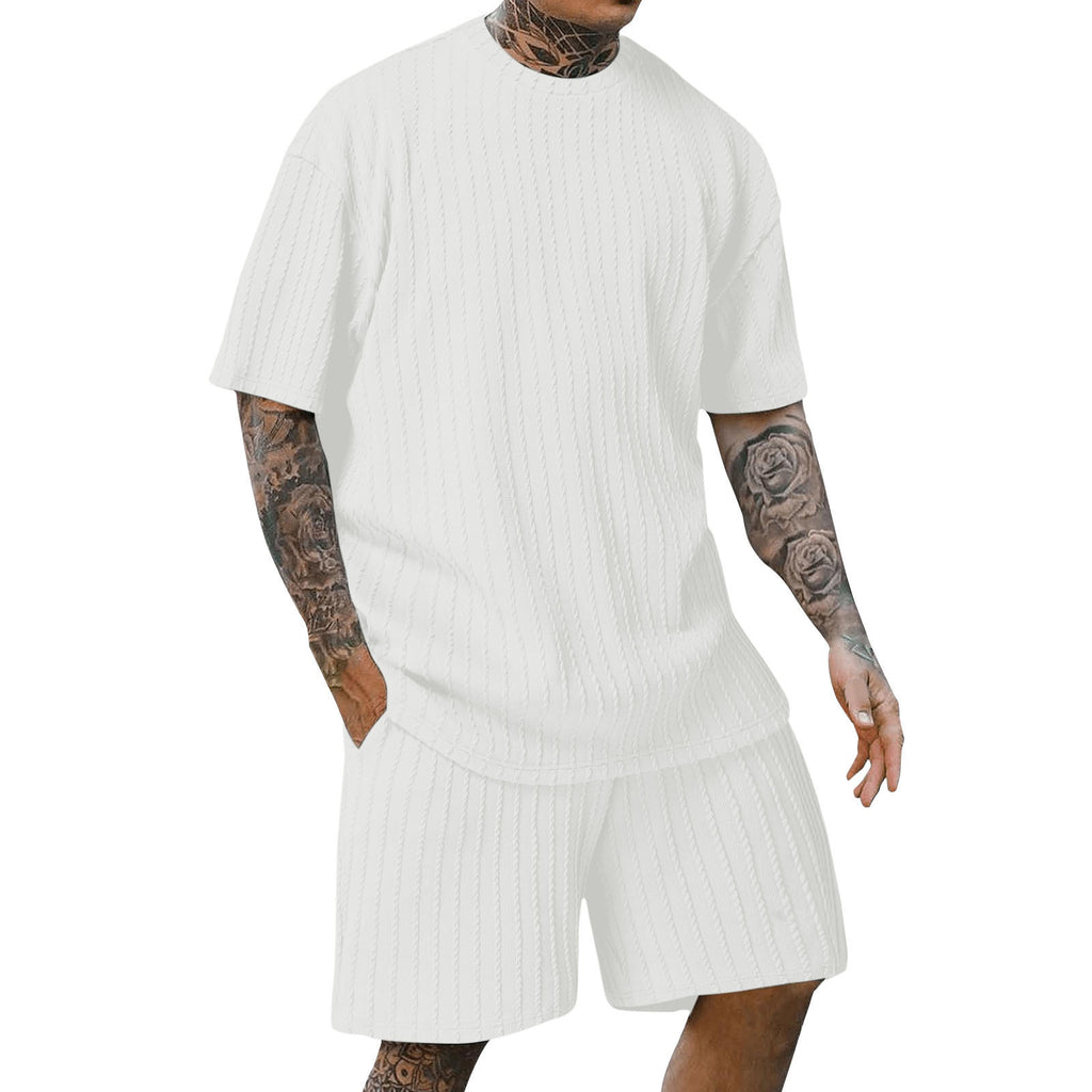 Men's Sports Solid Color Round Neck Pullover Vertical Pattern T-shirt Two-piece Set