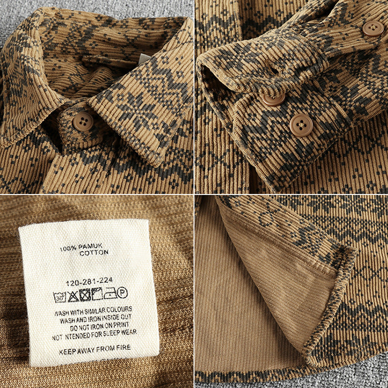 Men's Vintage Totem Printed Washed Corduroy Long-sleeved Shirt
