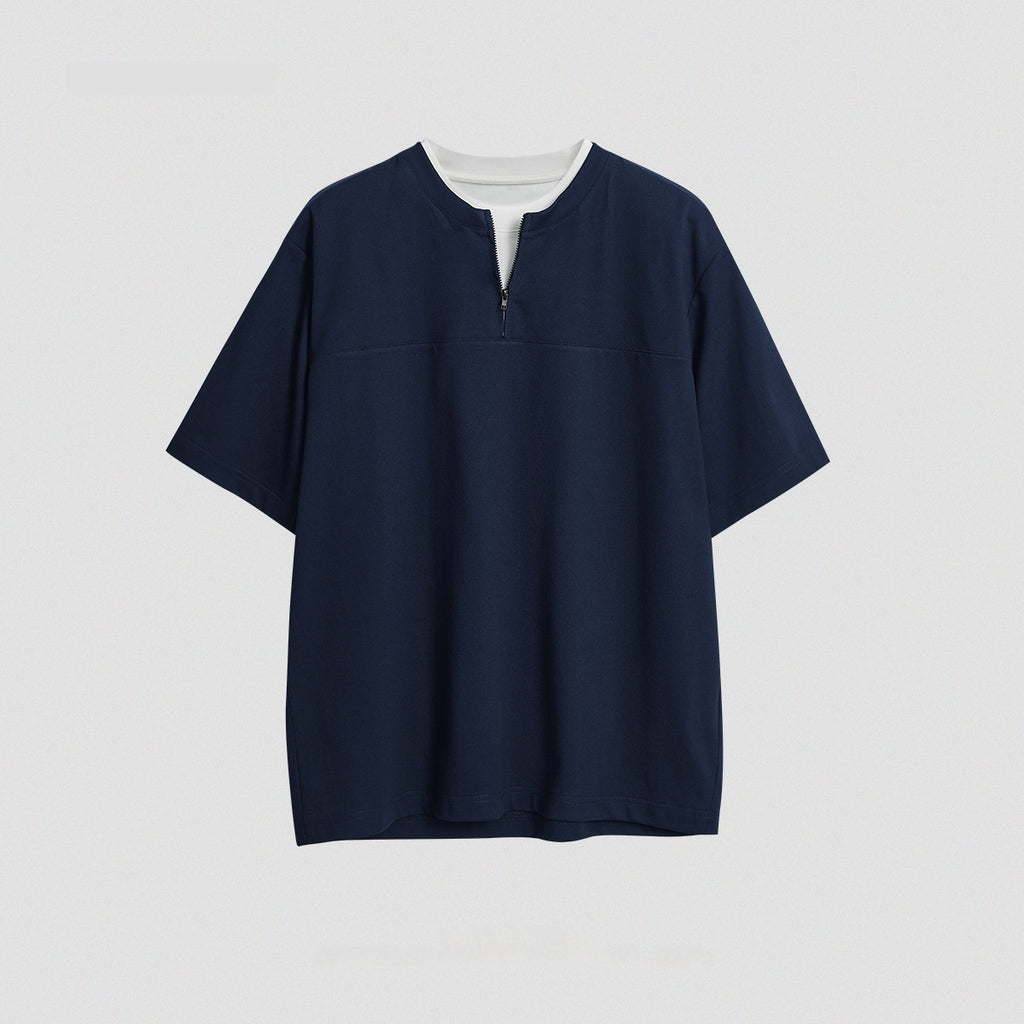 Simple Solid Color Loose Zip False Two-piece Patchwork Top