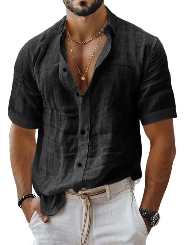 Men's Summer Men's Lapel Shirt Solid Color Short Sleeve Cotton Linen Shirt