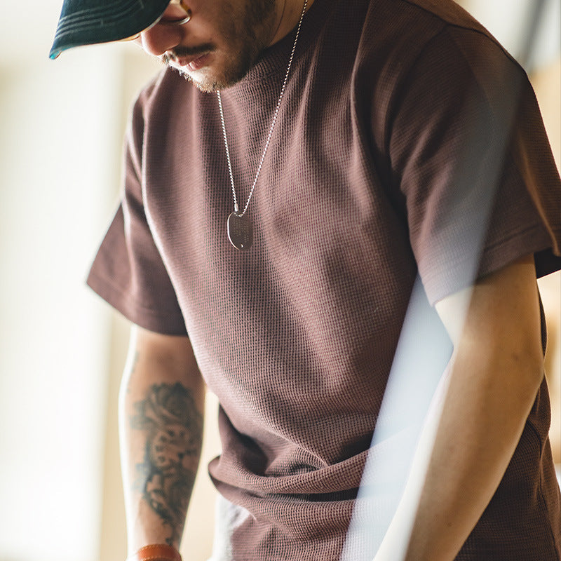 Waffle Round Neck Knitted Short Sleeve T-shirt Half Sleeve Bottoming Shirt