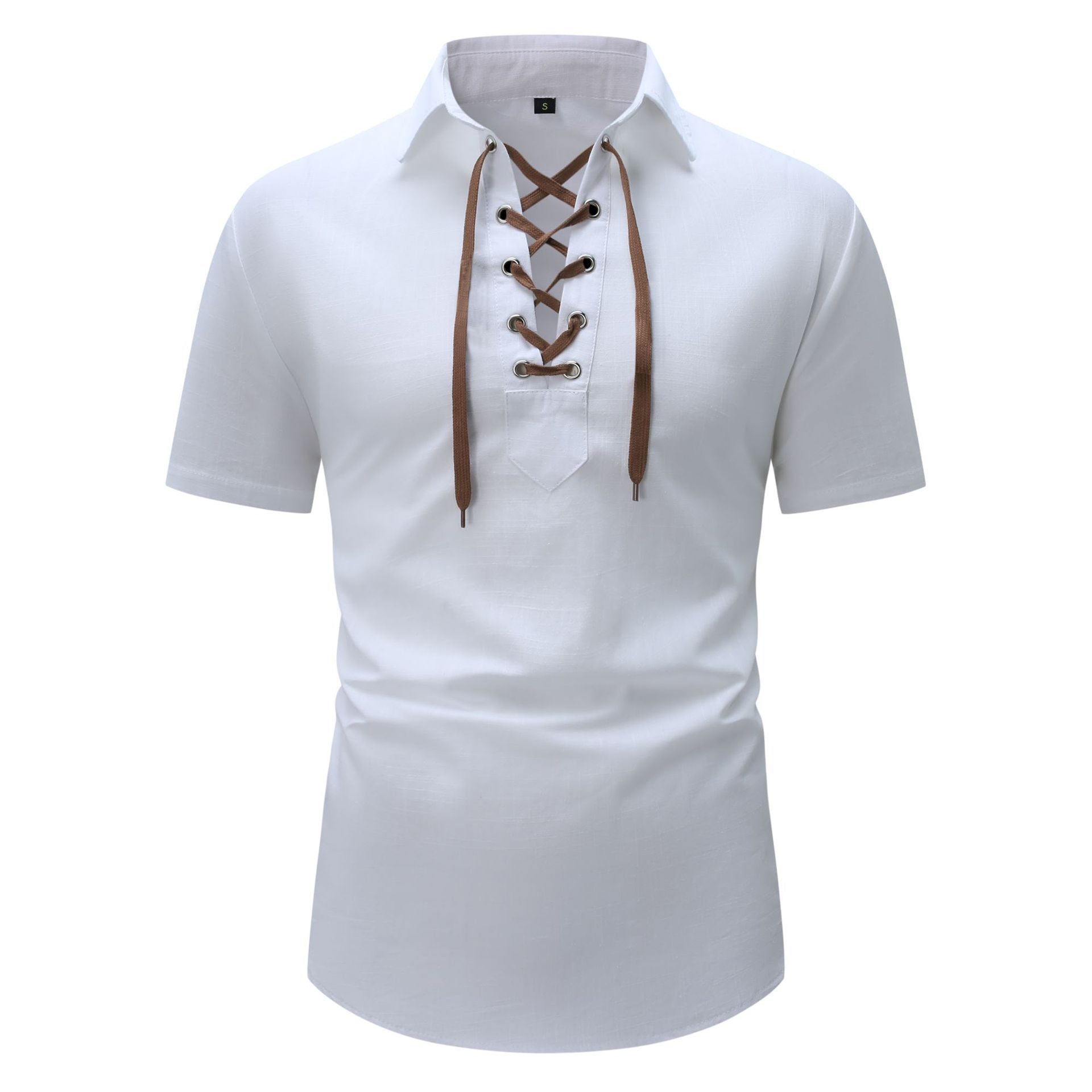 European And American Men's Cotton And Linen Lapel Loose V-neck Lace Shirt