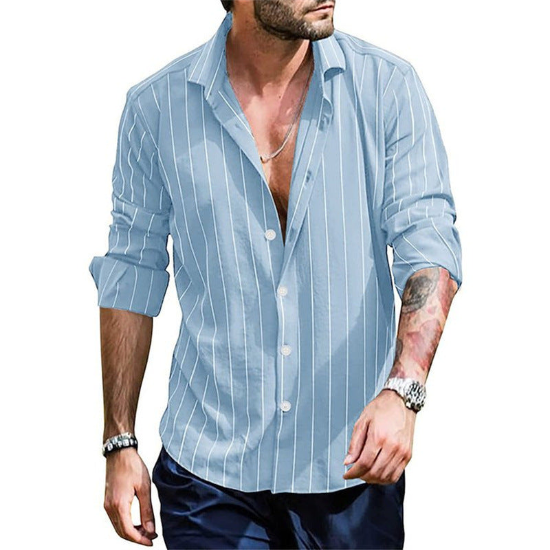 Fall Winter Men Striped Lapel Cardigan Striped Long Sleeve Shirt
