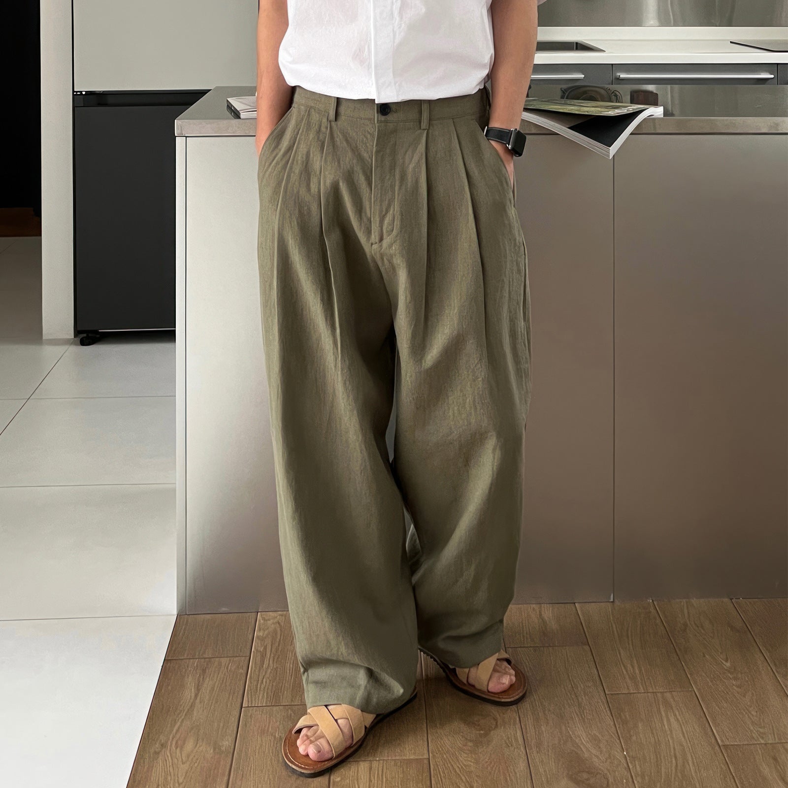Army Green Linen Leisure Trousers Men's Japanese