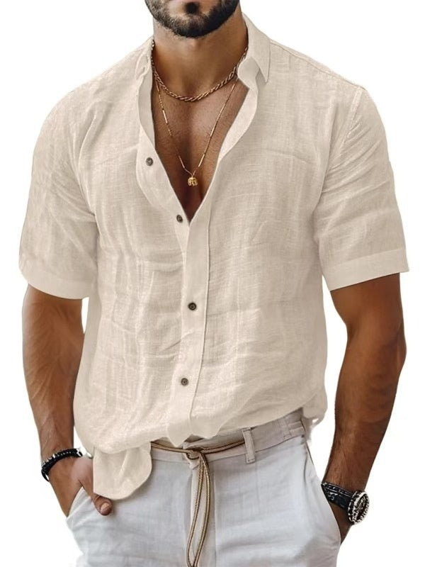 Men's Summer Men's Lapel Shirt Solid Color Short Sleeve Cotton Linen Shirt