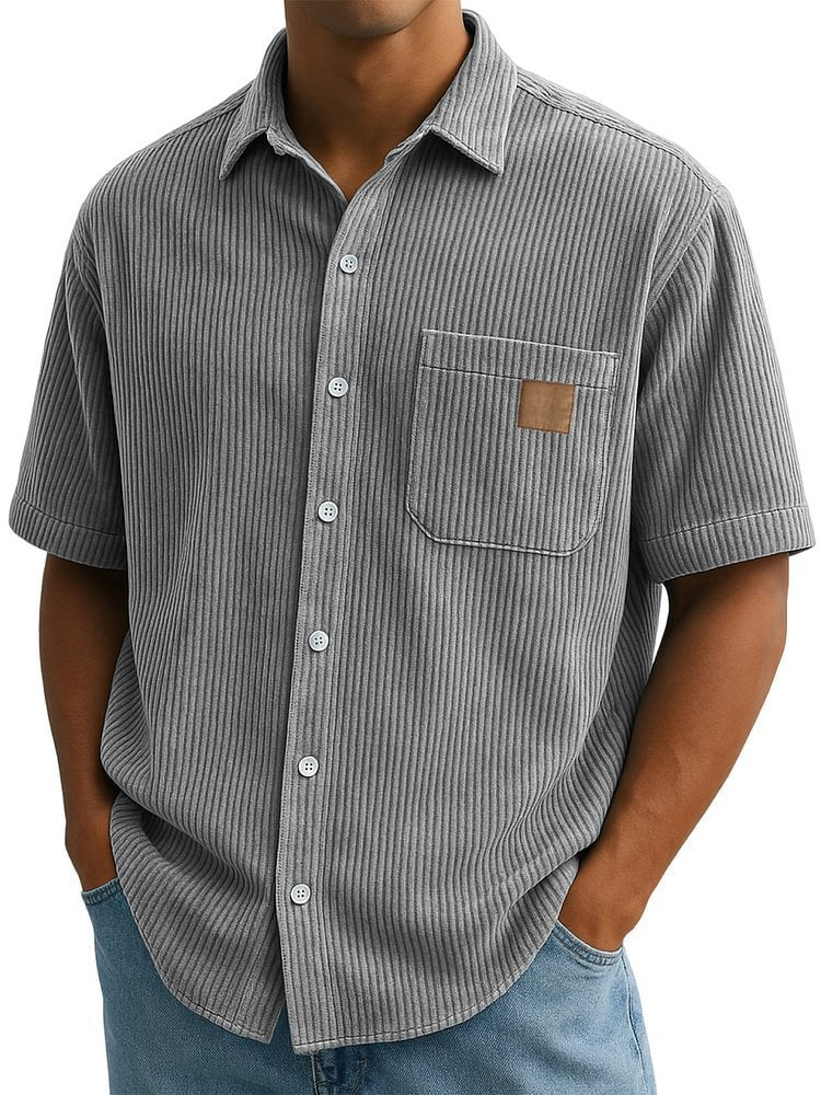 Versatile Leisure Corduroy Leather Sticker Pocket Short Sleeve Shirt