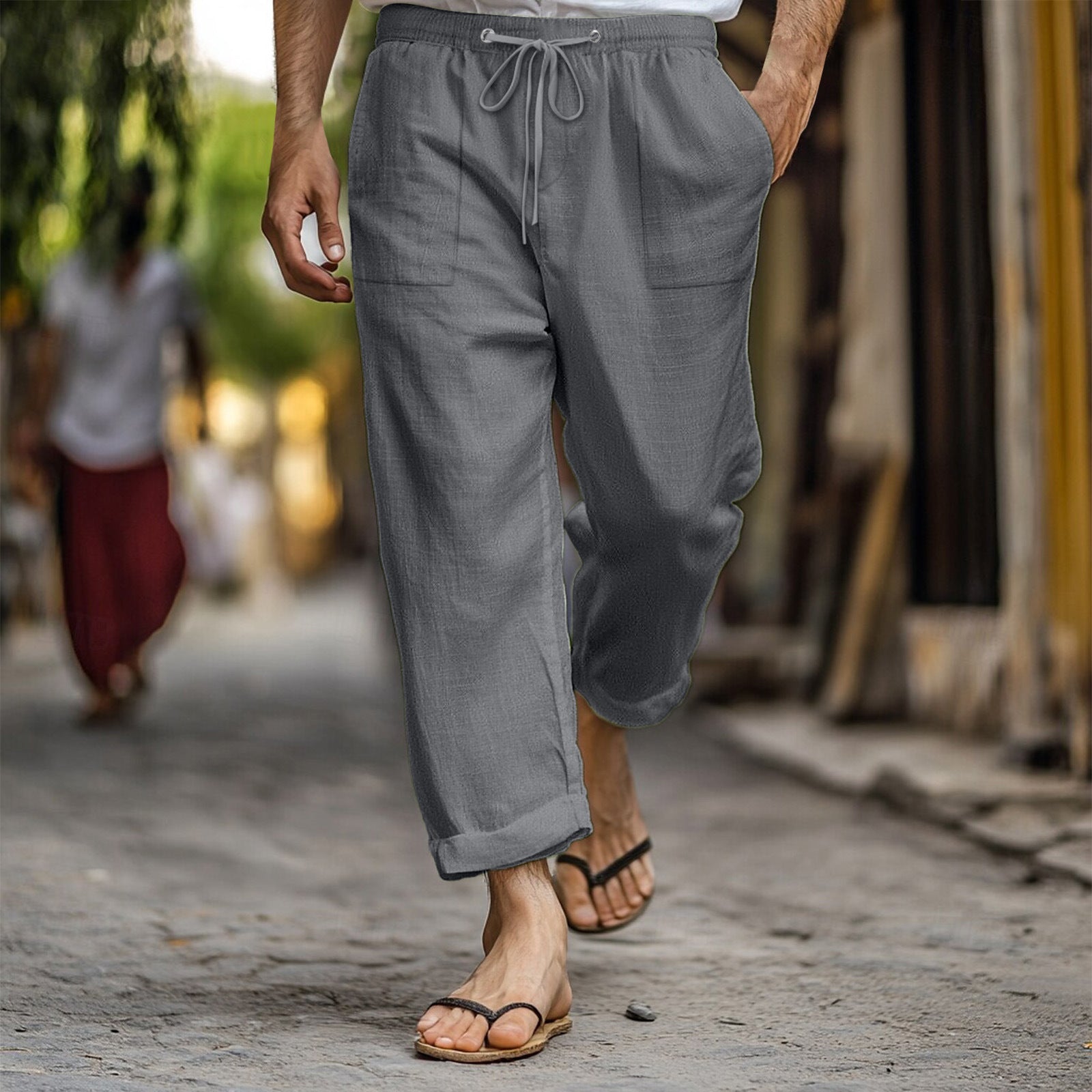 Men's Casual Summer Elastic Waist Drawstring Multi-pocket Cotton And Linen Trousers