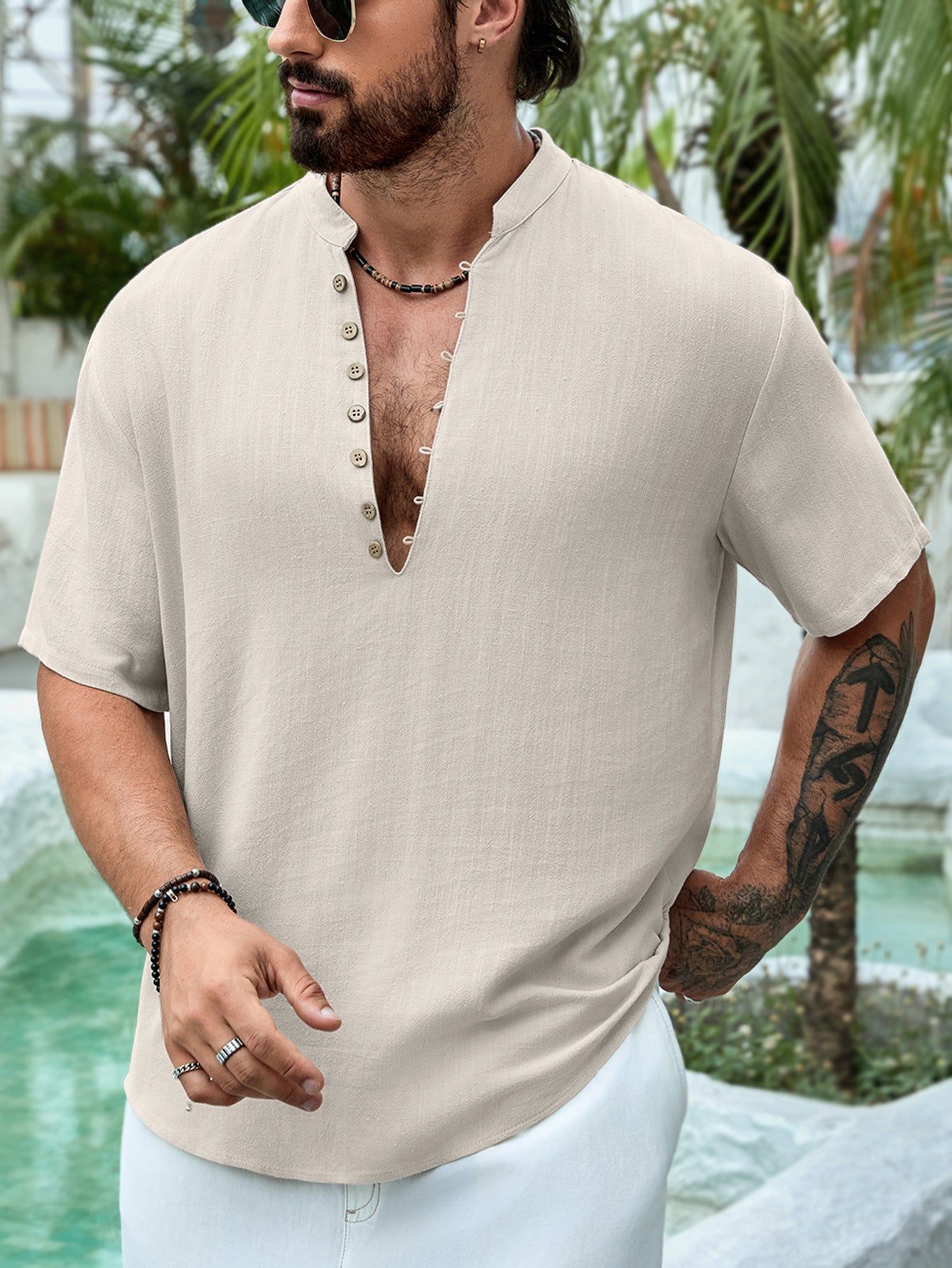 Summer Deep V-neck Multi-button Cotton And Linen Casual Shirt Men's Short Sleeve