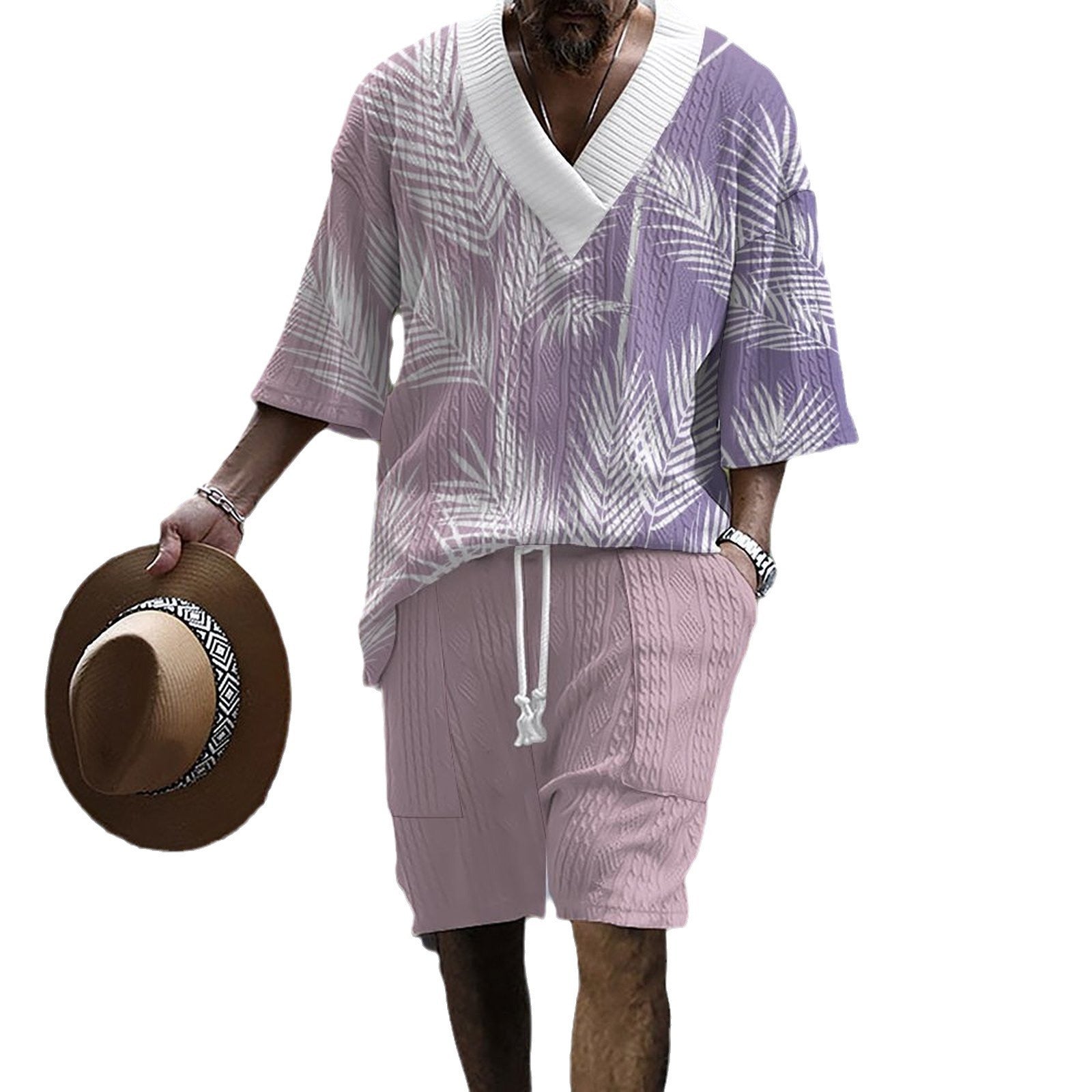 Printed Drop-shoulder Men's Knitted Short-sleeved Shorts Suit