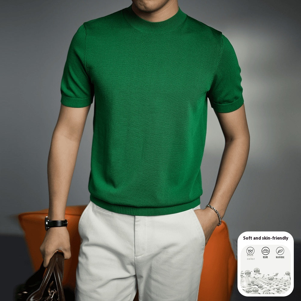 Men's Knitted T-shirt Versatile Solid Color Round Neck Short Sleeves