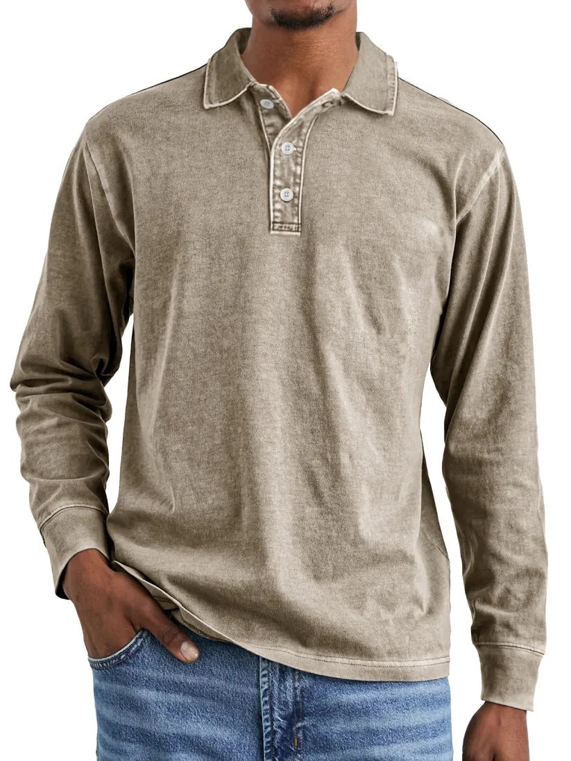Retro Washed Distressed Cotton Lapel Long Sleeve Polo Shirt